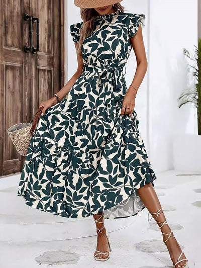 Ruffled Cap Sleeves Belted Floral Tiered Maxi Dress