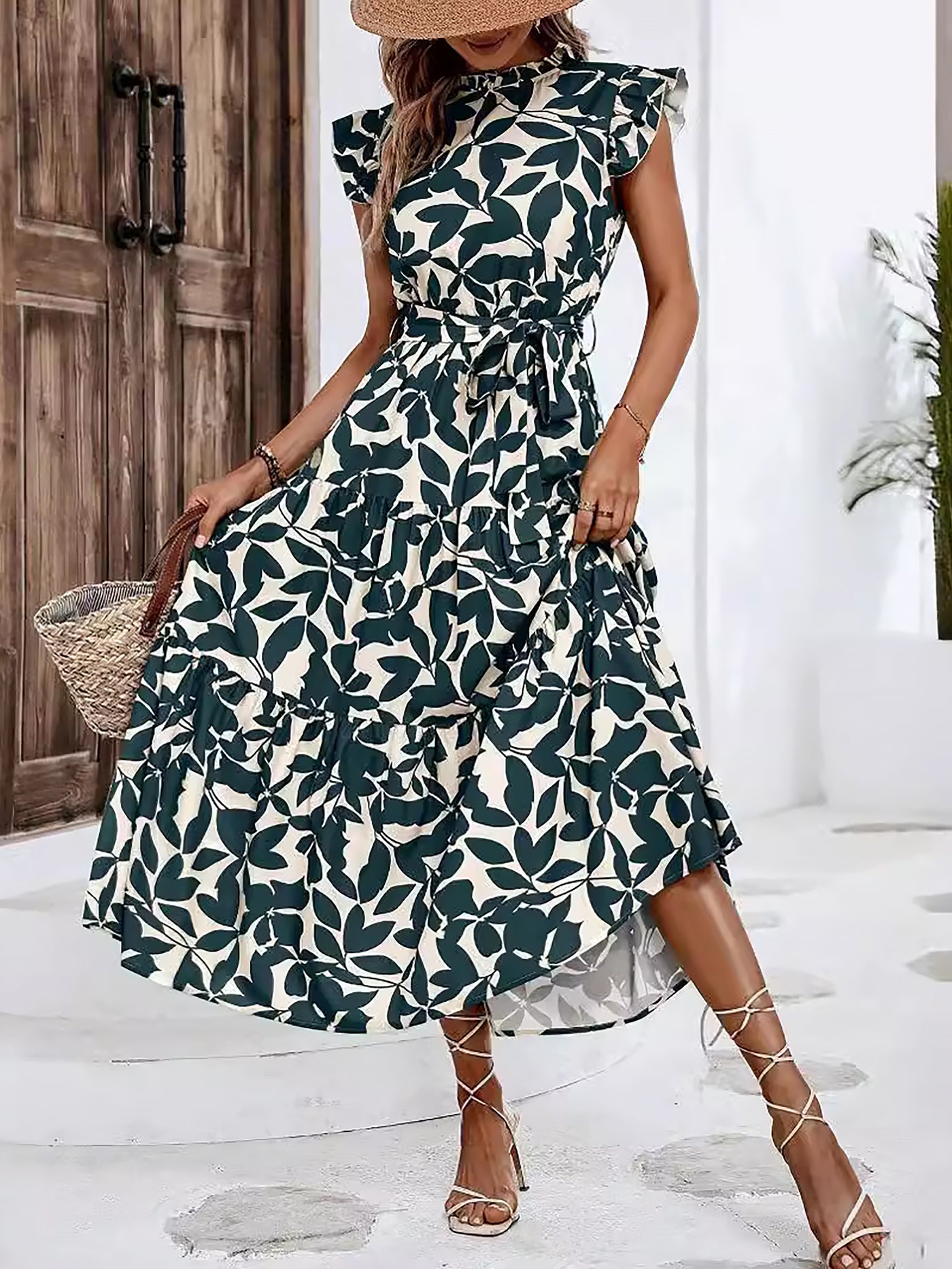 Allegra K Ruffled Cap Sleeves Belted Floral Tiered Maxi Dress