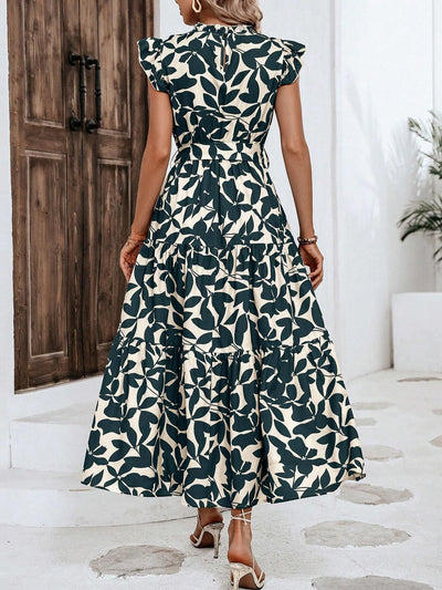 Ruffled Cap Sleeves Belted Floral Tiered Maxi Dress