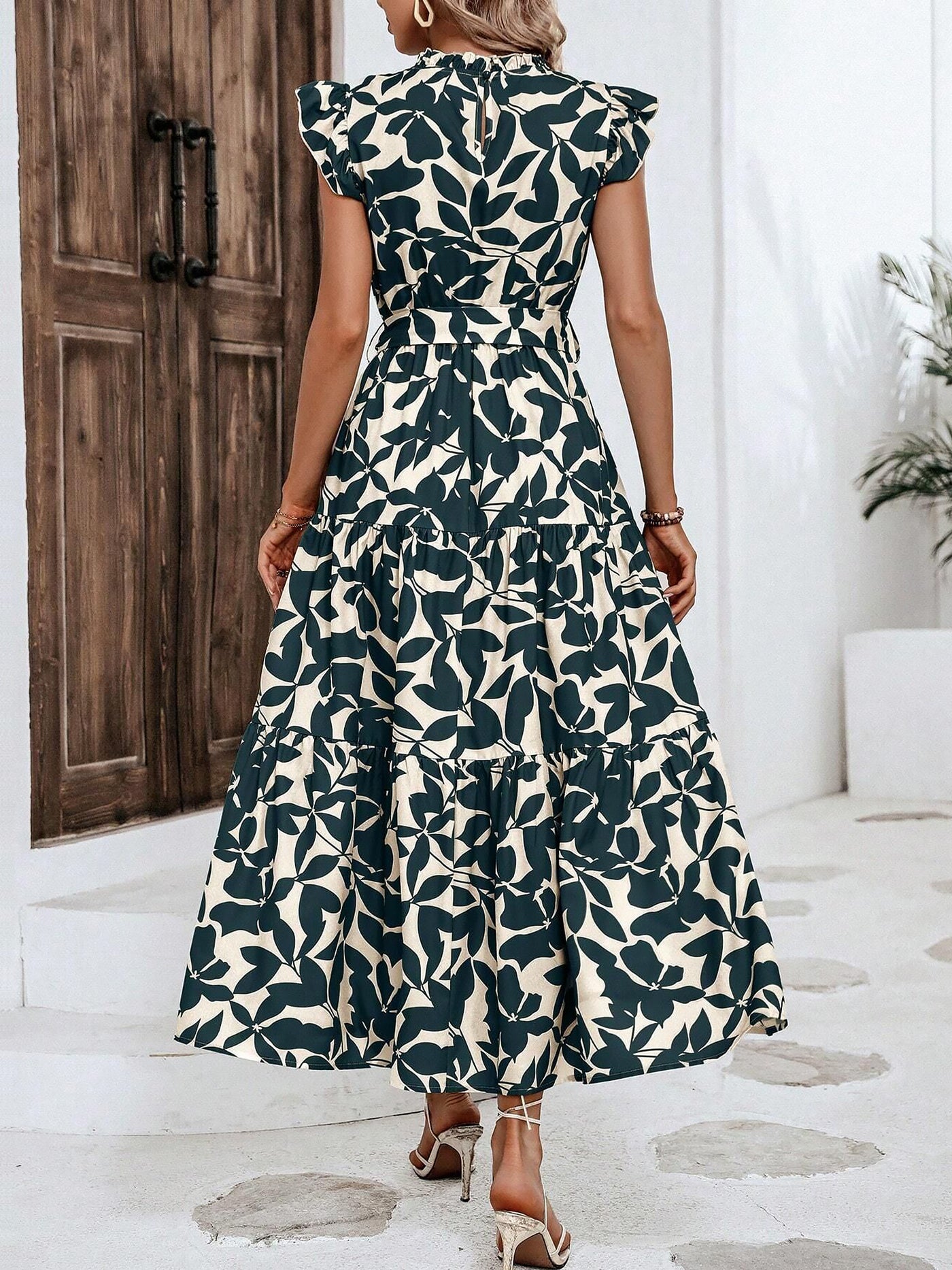 Allegra K Ruffled Cap Sleeves Belted Floral Tiered Maxi Dress