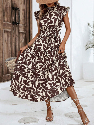 Ruffled Cap Sleeves Belted Floral Tiered Maxi Dress