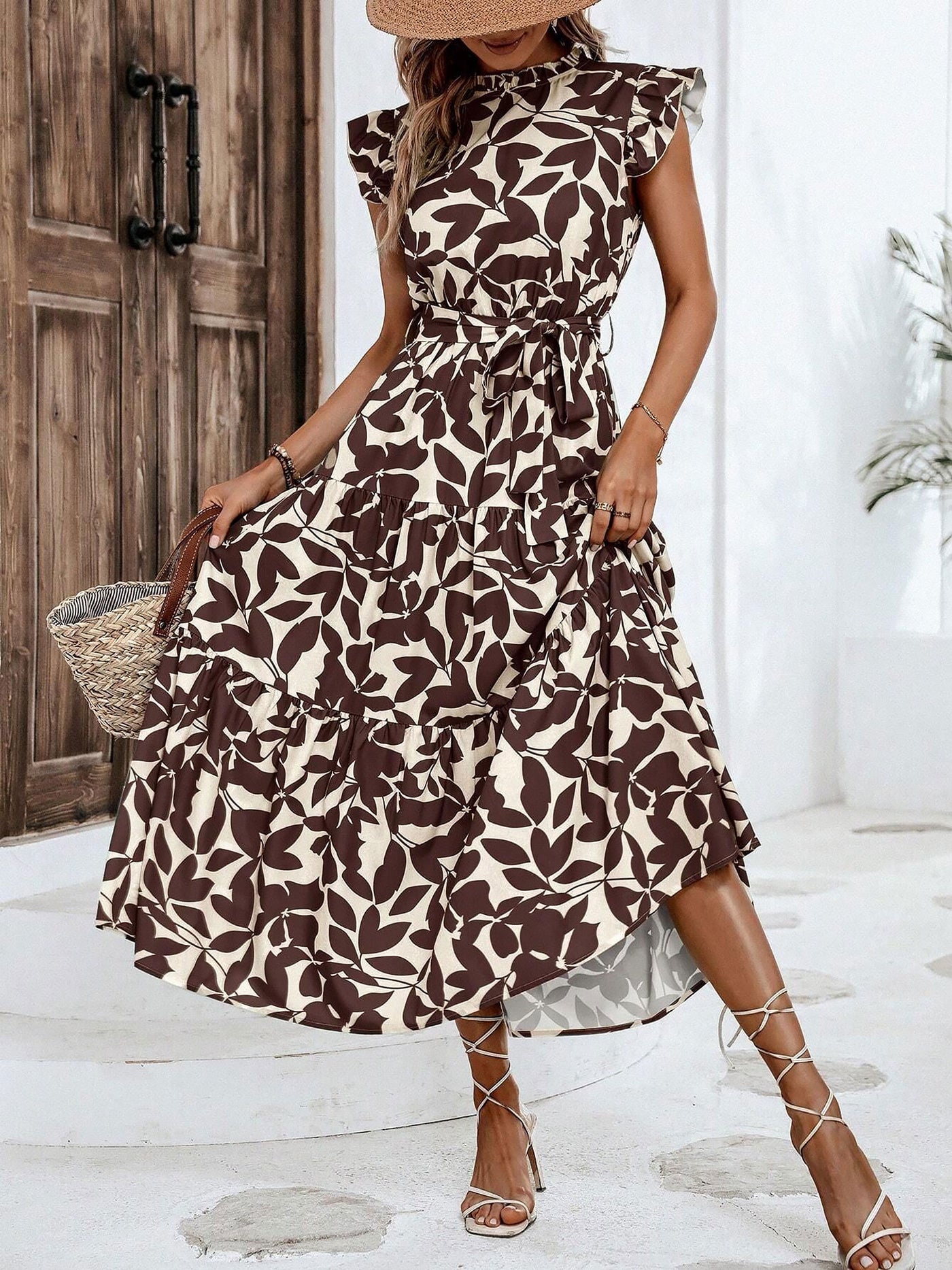 Allegra K Ruffled Cap Sleeves Belted Floral Tiered Maxi Dress