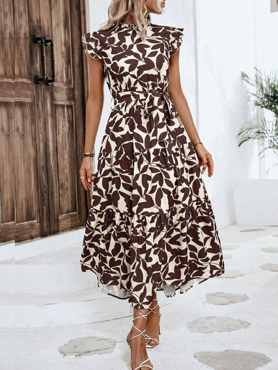 Ruffled Cap Sleeves Belted Floral Tiered Maxi Dress