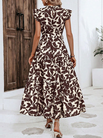 Ruffled Cap Sleeves Belted Floral Tiered Maxi Dress