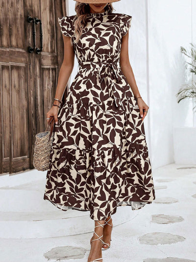 Ruffled Cap Sleeves Belted Floral Tiered Maxi Dress