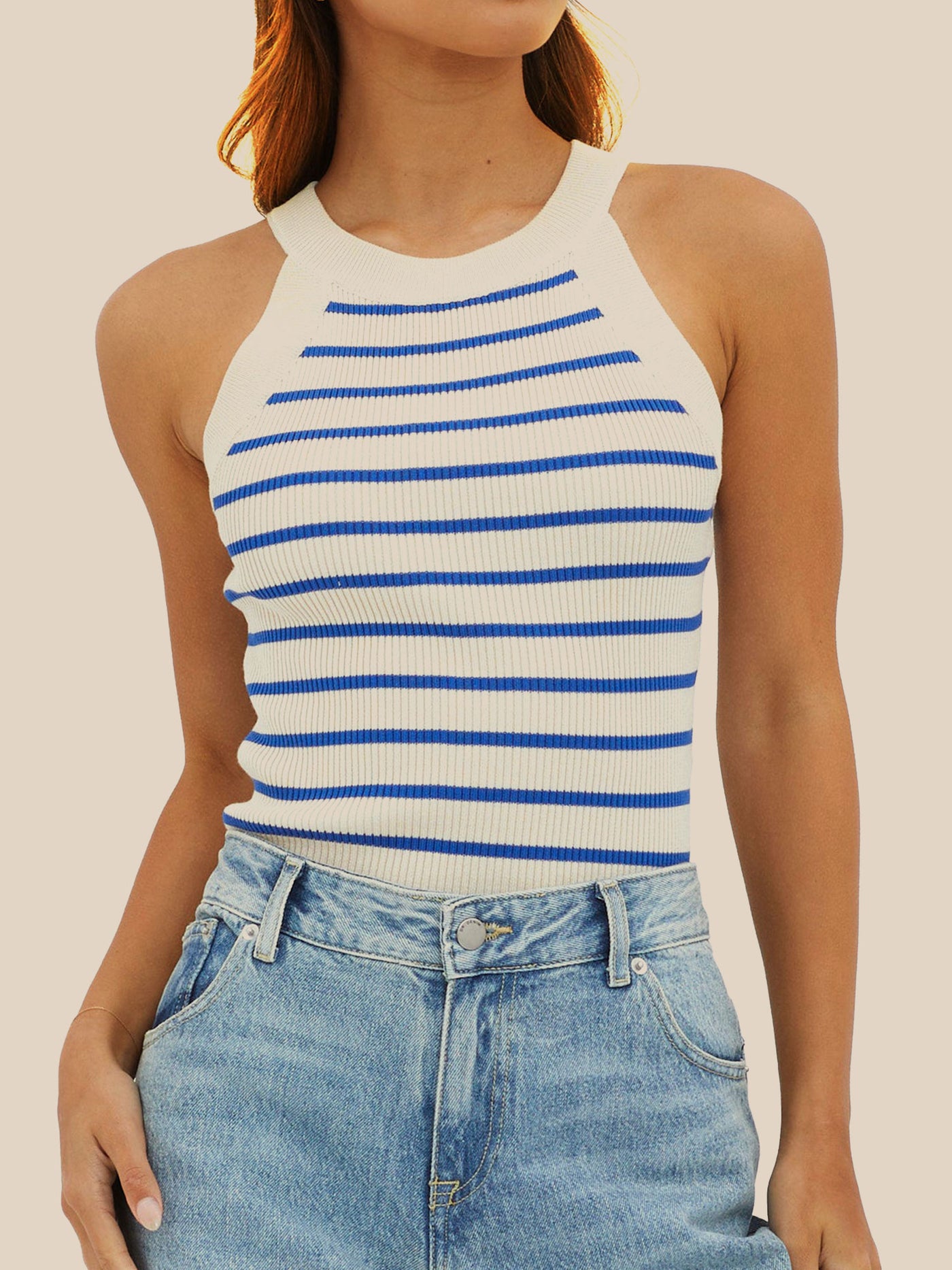 Allegra K Halter Sleeveless Striped knitted Casual Tops