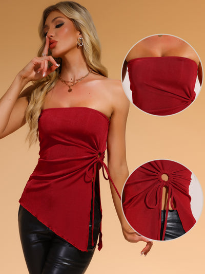 Strapless Drawstring Ruched Slit Asymmetrical Hem Tops