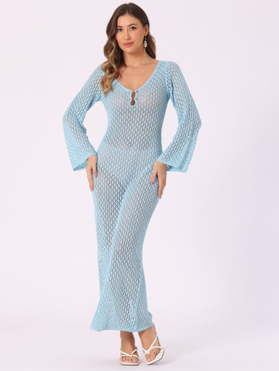 Long Sleeve Hollow Out Swim Cover Up Beach Crochet Dress