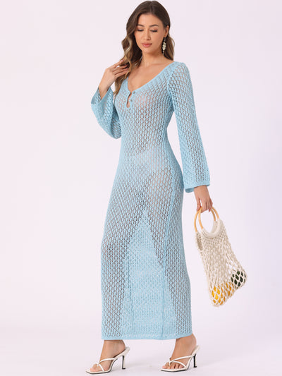 Long Sleeve Hollow Out Swim Cover Up Beach Crochet Dress