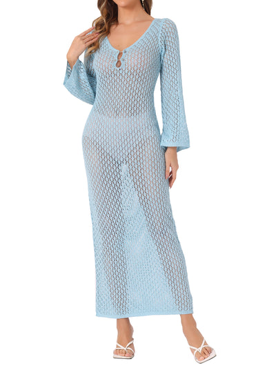 Long Sleeve Hollow Out Swim Cover Up Beach Crochet Dress