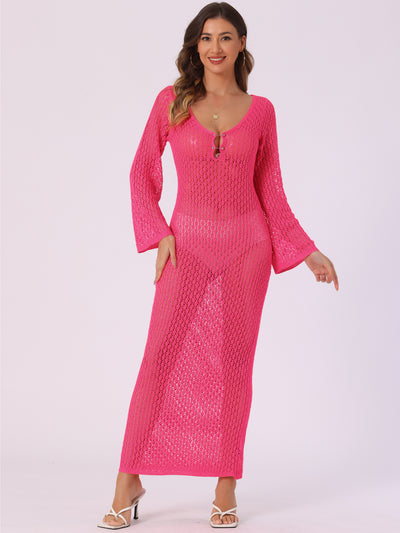 Long Sleeve Hollow Out Swim Cover Up Beach Crochet Dress