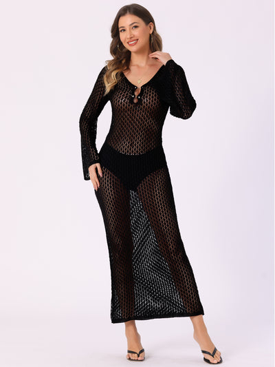 Long Sleeve Hollow Out Swim Cover Up Beach Crochet Dress