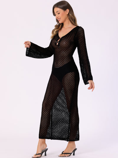 Long Sleeve Hollow Out Swim Cover Up Beach Crochet Dress