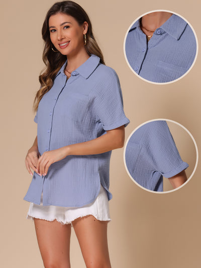 Short Sleeve Button Down Pocketed Textured Blouse