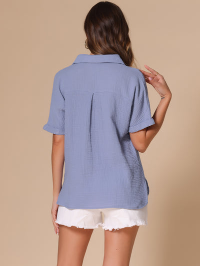 Short Sleeve Button Down Pocketed Textured Blouse