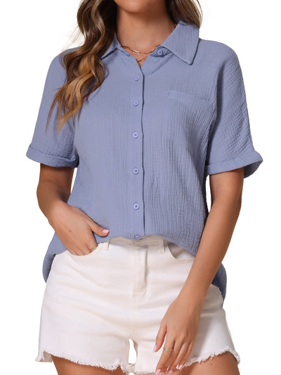 Short Sleeve Button Down Pocketed Textured Blouse