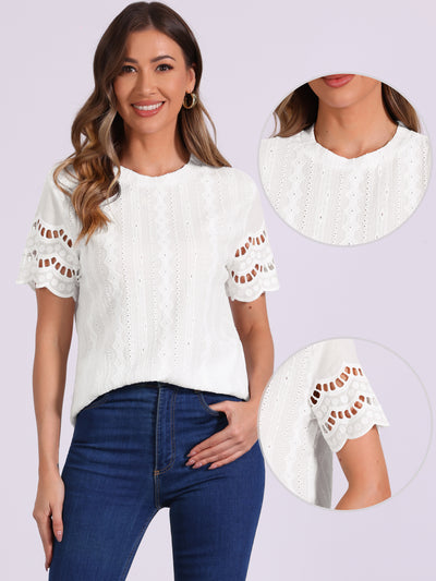 Casual Crew Neck Short Sleeve Eyelet Blouse