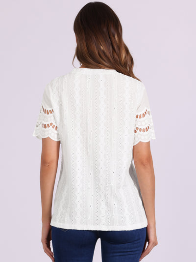 Casual Crew Neck Short Sleeve Eyelet Blouse