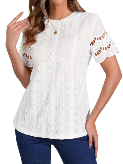 Casual Crew Neck Short Sleeve Eyelet Blouse