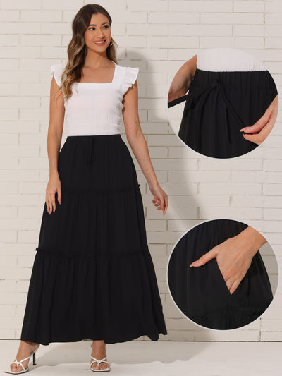 Elastic High Waist Ruched Tiered A-Line Maxi Skirts