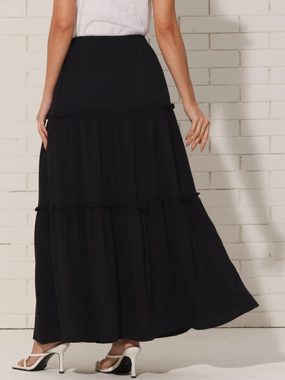 Elastic High Waist Ruched Tiered A-Line Maxi Skirts