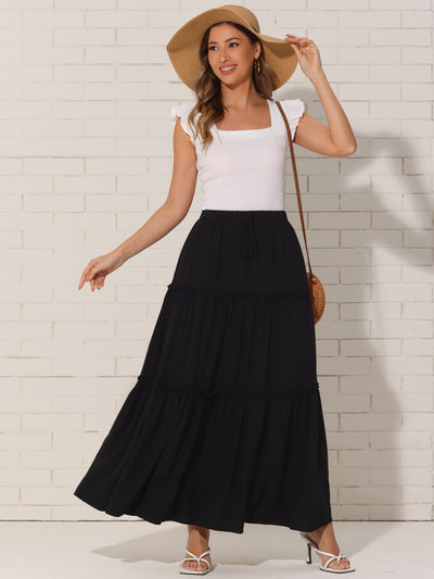 Elastic High Waist Ruched Tiered A-Line Maxi Skirts