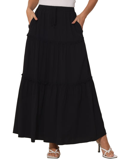 Elastic High Waist Ruched Tiered A-Line Maxi Skirts