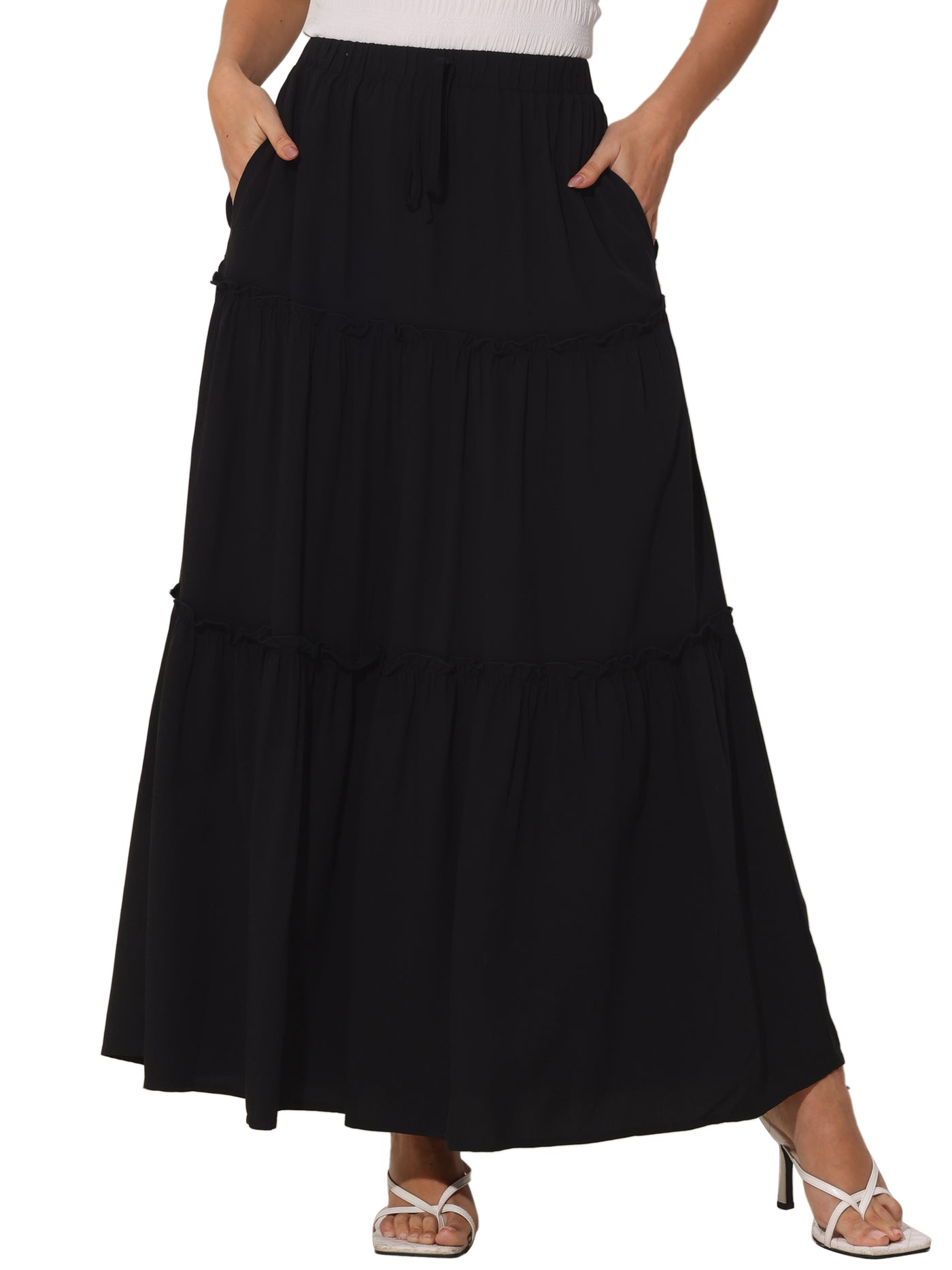 Allegra K Elastic High Waist Ruched Tiered A-Line Maxi Skirts