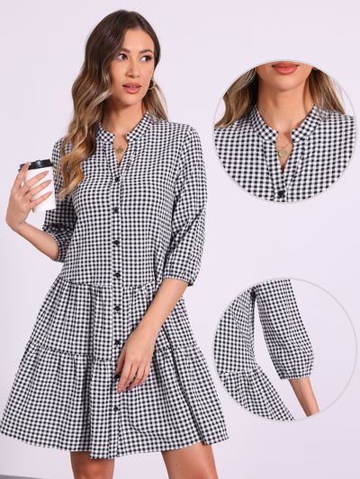 Plaid 3/4 Sleeve Tiered A-Line Midi Shirt Dress