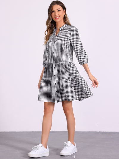 Allegra K Plaid 3/4 Sleeve Tiered A-Line Midi Shirt Dress