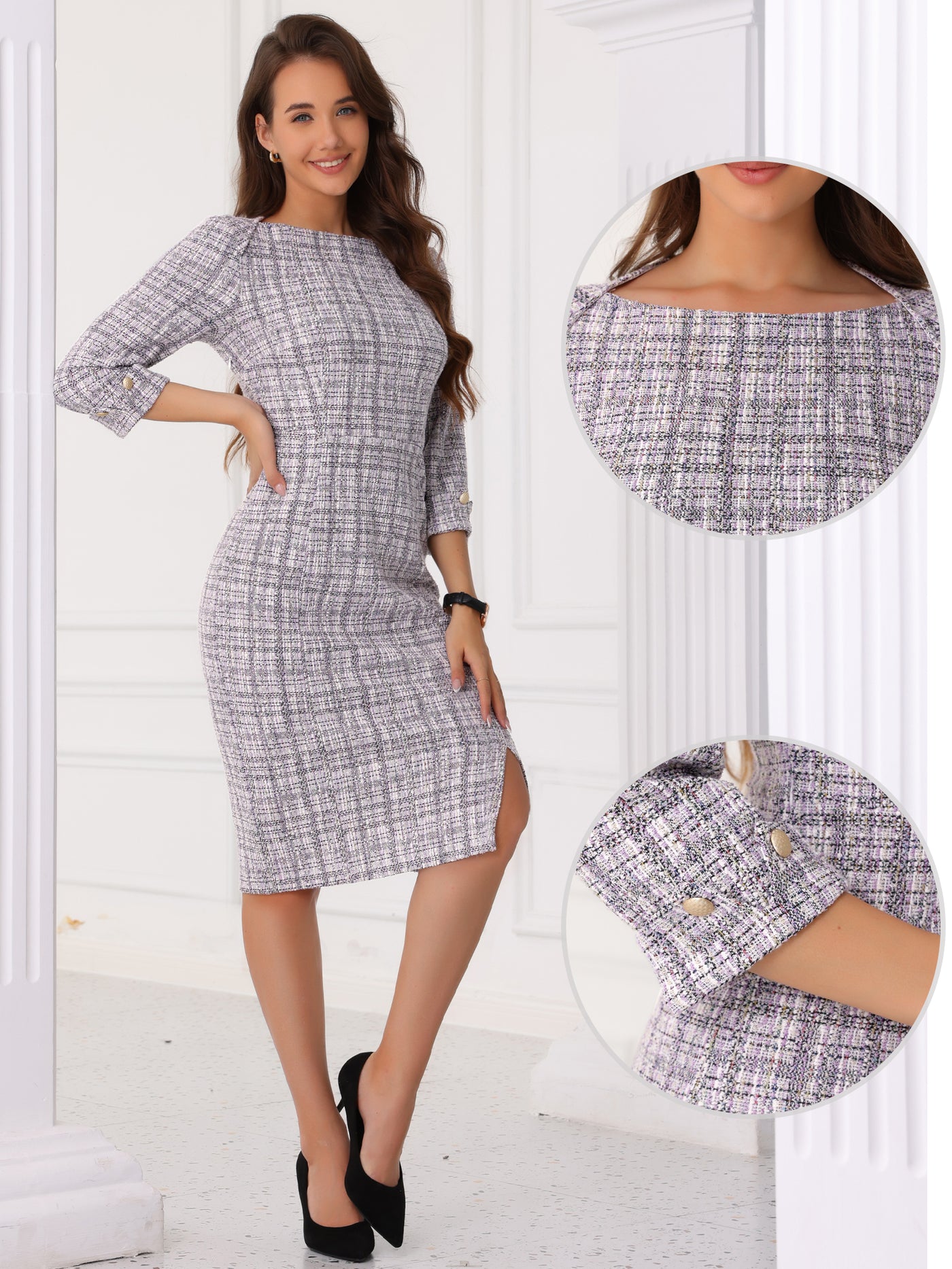 Allegra K Tweed Boat Neck 3/4 Sleeve Plaid Midi Sheath Dress