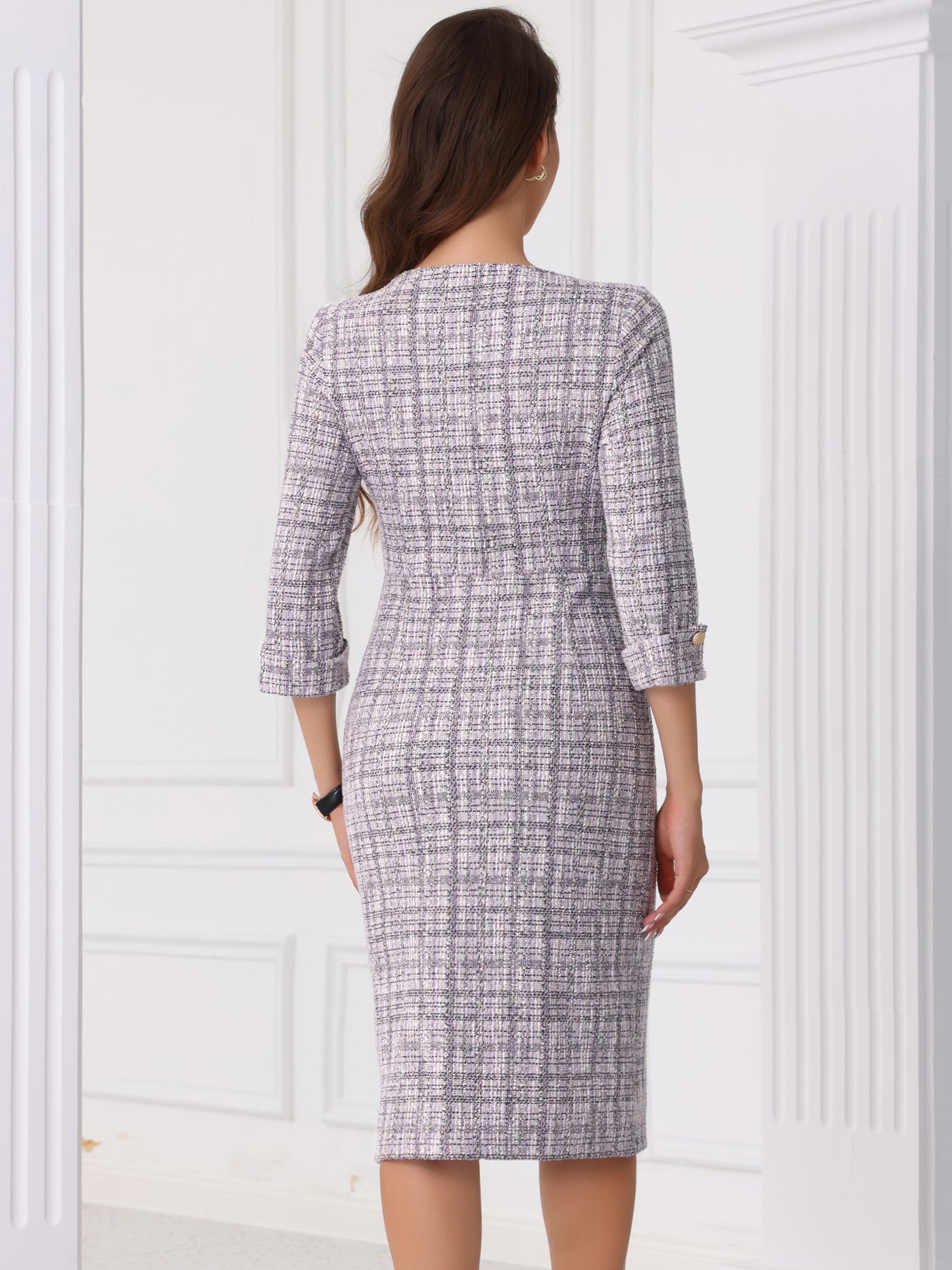 Allegra K Tweed Boat Neck 3/4 Sleeve Plaid Midi Sheath Dress