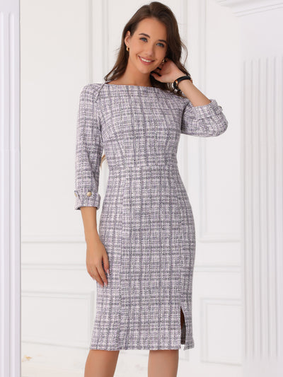 Allegra K Tweed Boat Neck 3/4 Sleeve Plaid Midi Sheath Dress