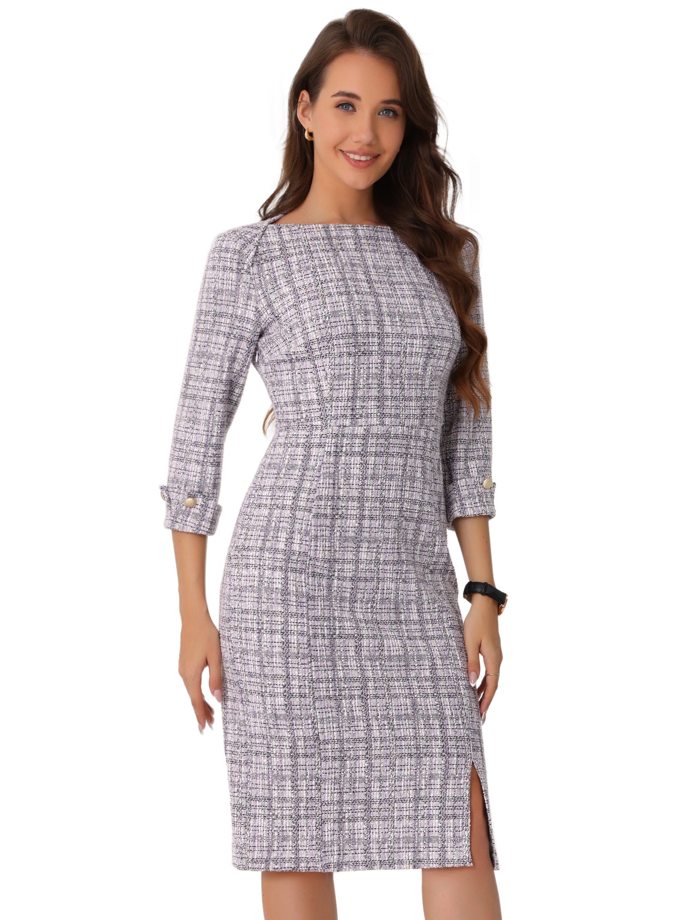 Allegra K Tweed Boat Neck 3/4 Sleeve Plaid Midi Sheath Dress