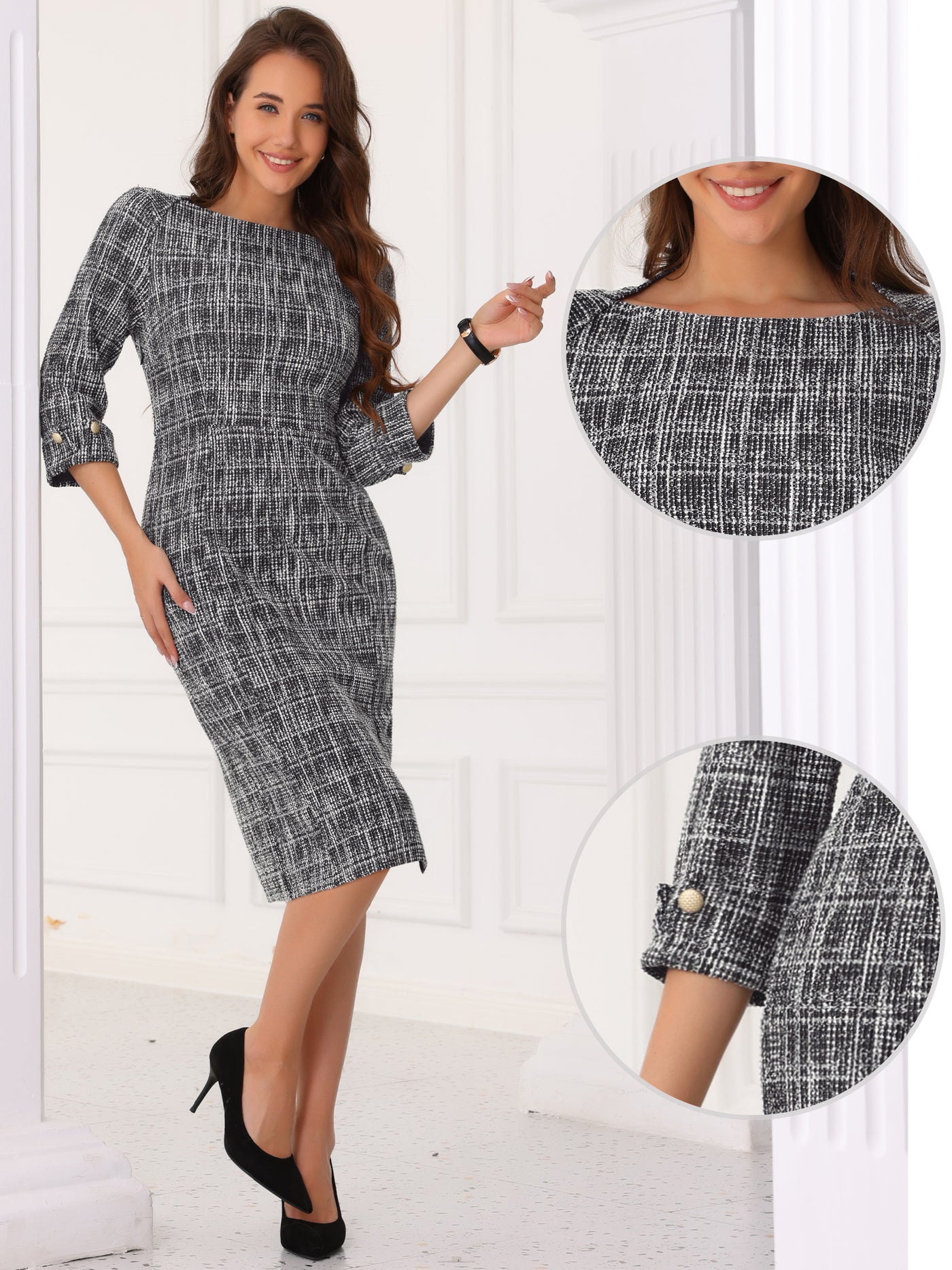 Allegra K Tweed Boat Neck 3/4 Sleeve Plaid Midi Sheath Dress