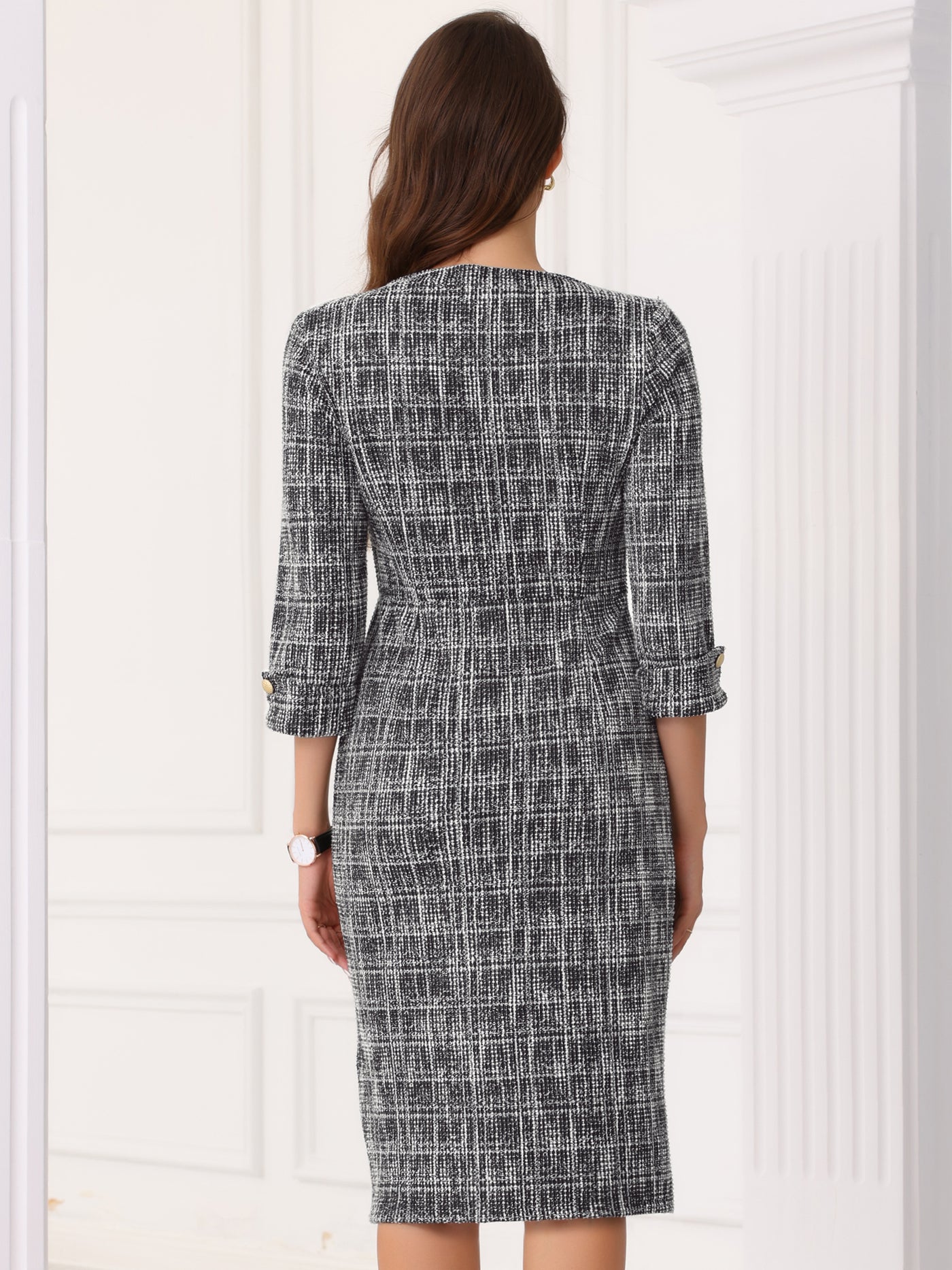 Allegra K Tweed Boat Neck 3/4 Sleeve Plaid Midi Sheath Dress