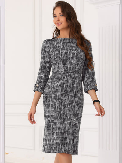 Tweed Boat Neck 3/4 Sleeve Plaid Midi Sheath Dress