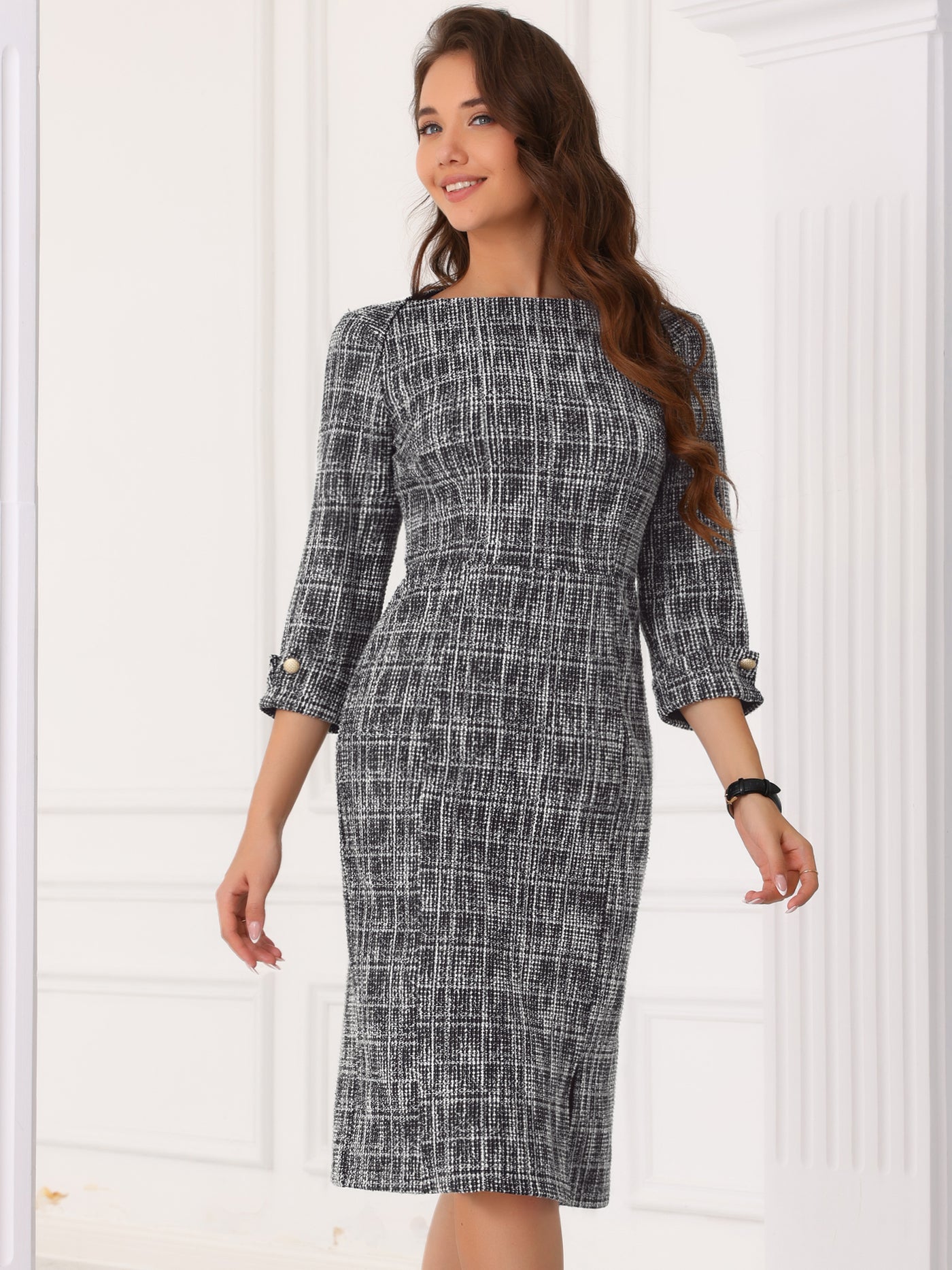 Allegra K Tweed Boat Neck 3/4 Sleeve Plaid Midi Sheath Dress