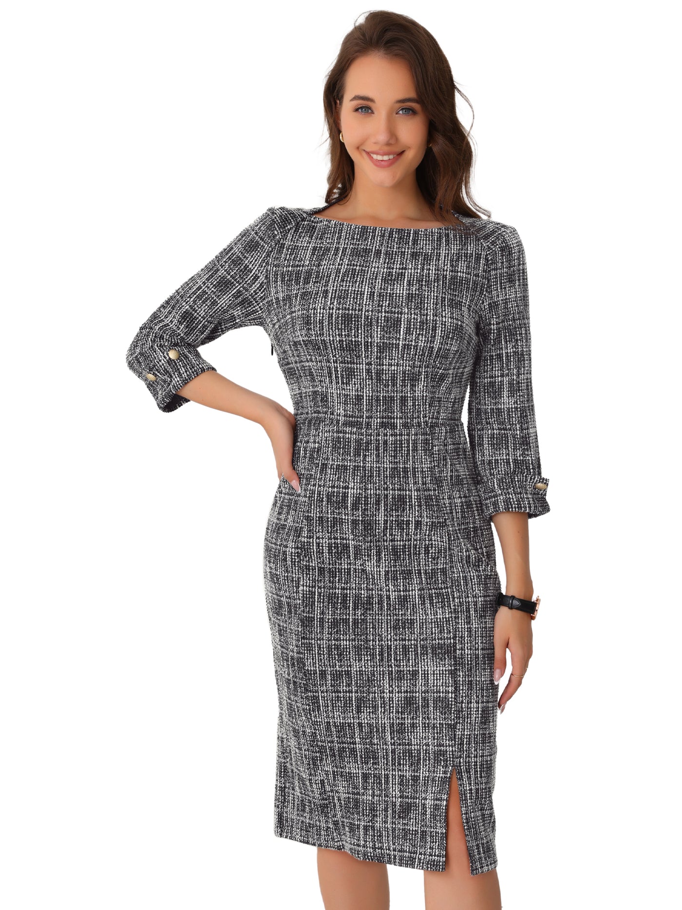 Allegra K Tweed Boat Neck 3/4 Sleeve Plaid Midi Sheath Dress