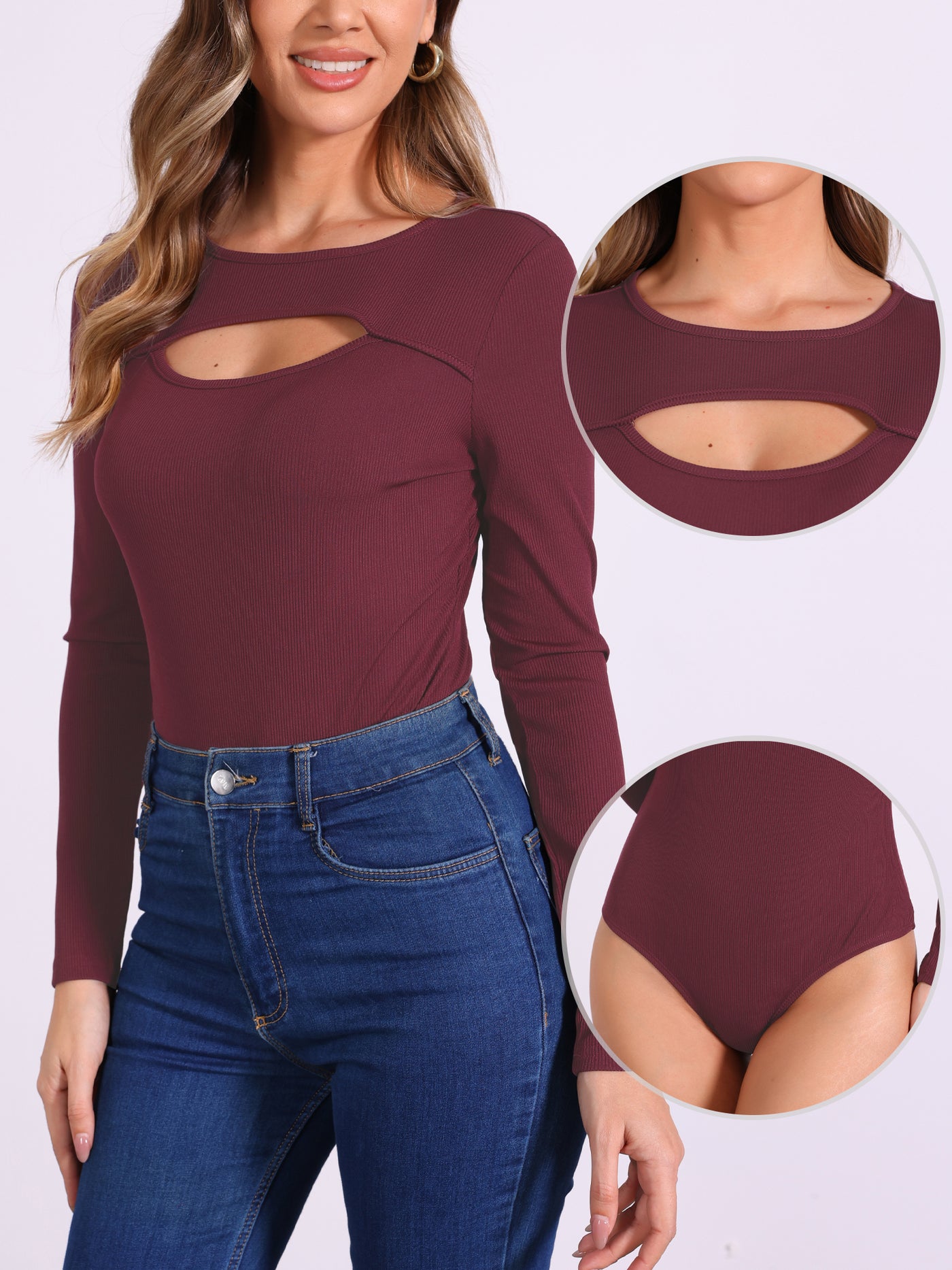 Allegra K Cut-Out Front Long Sleeve Crew Neck Bodysuit