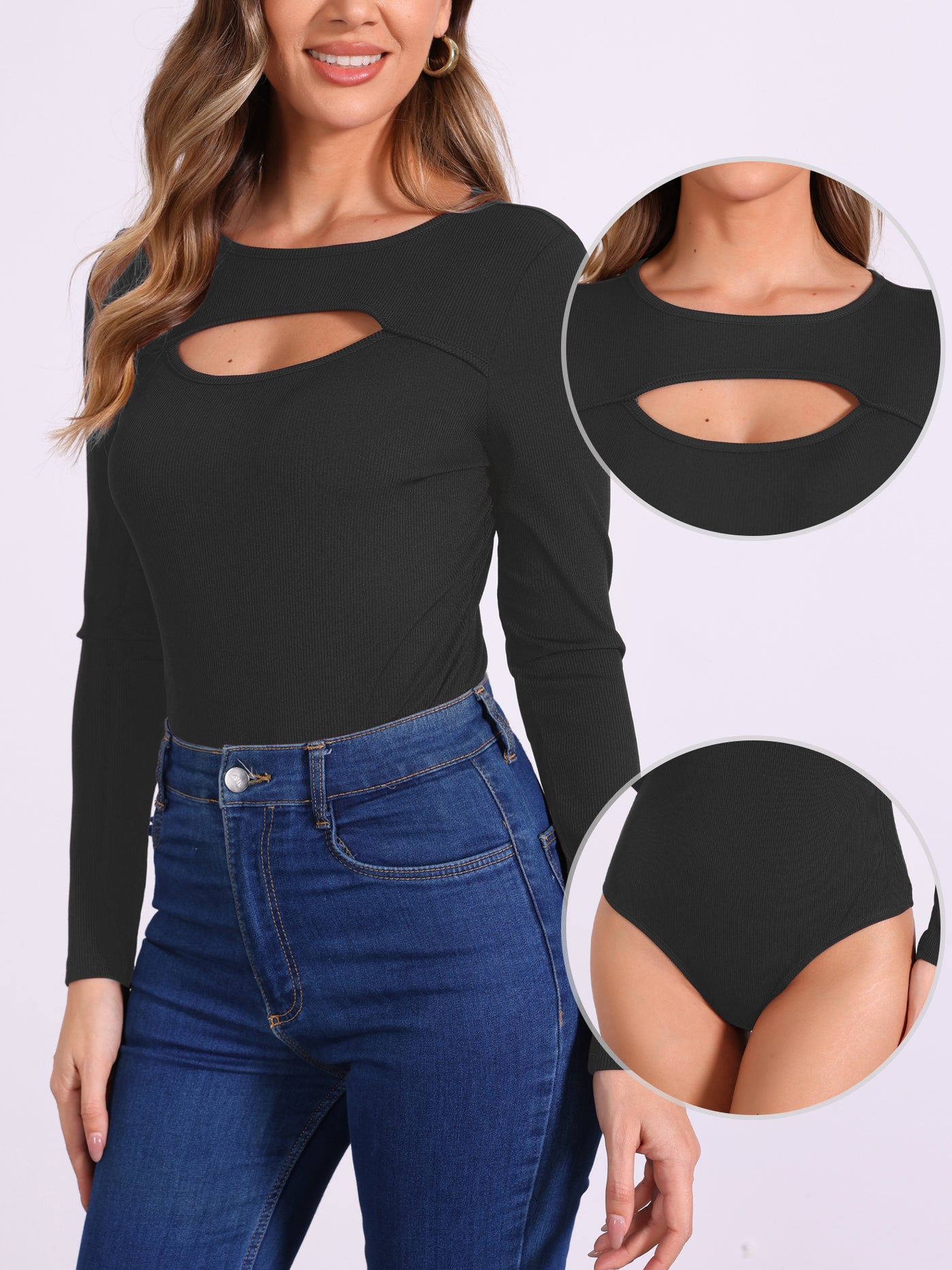 Allegra K Cut-Out Front Long Sleeve Crew Neck Bodysuit