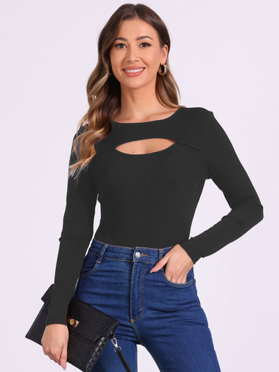 Cut-Out Front Long Sleeve Crew Neck Bodysuit