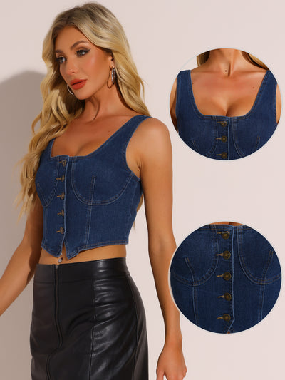 Denim Sleeveless Square Neck Button Down Jean Vest