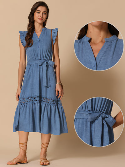 Ruffled Belted A-Line Flowy Midi Dress Sundress