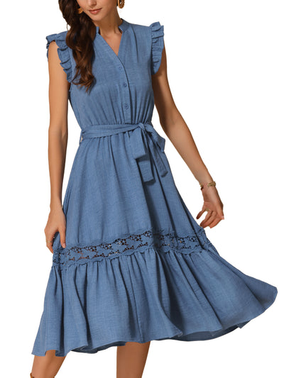 Ruffled Belted A-Line Flowy Midi Dress Sundress