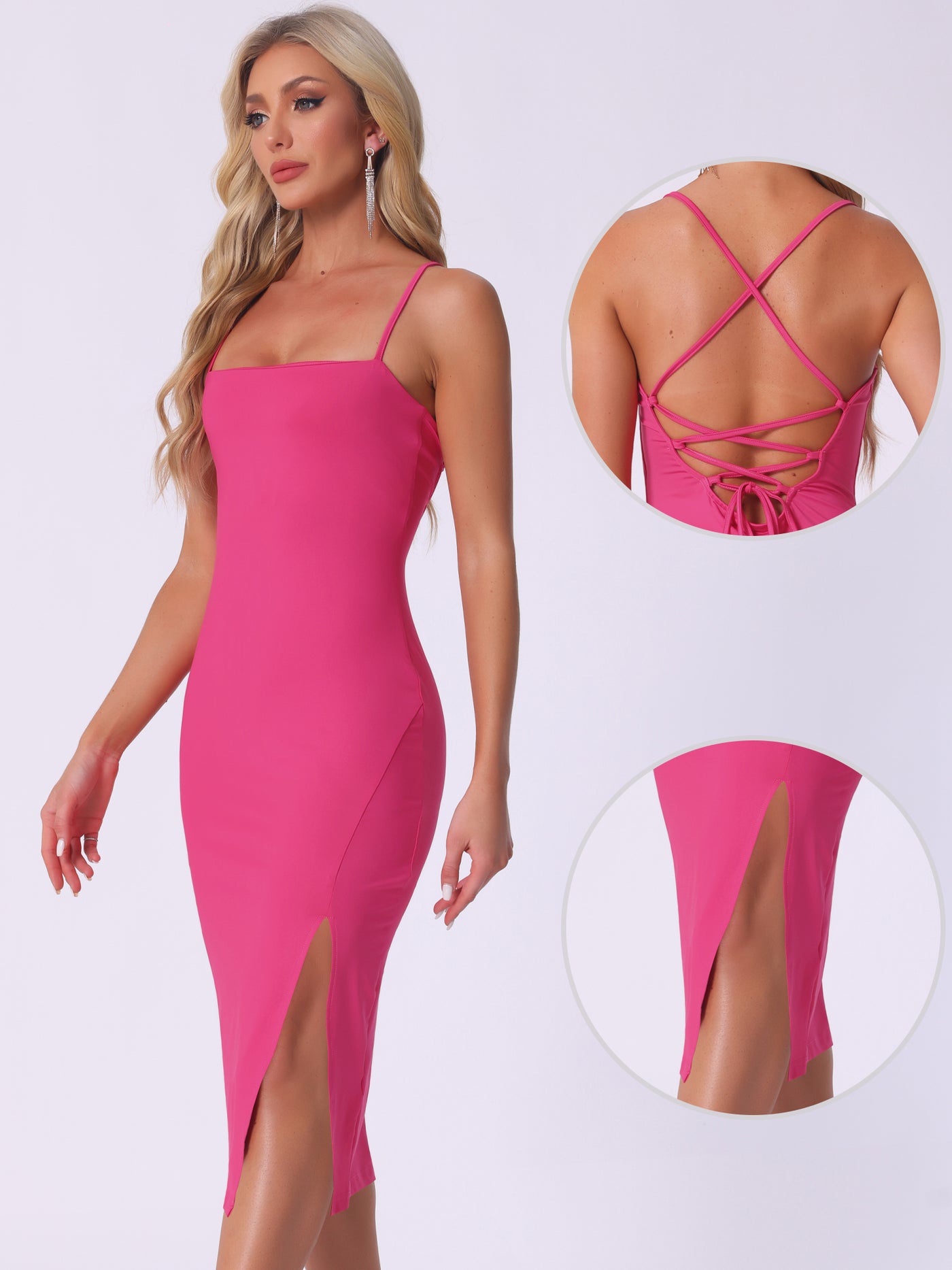 Allegra K Spaghetti Strap Sleeveless Slit Bodycon Cocktail Midi Dress