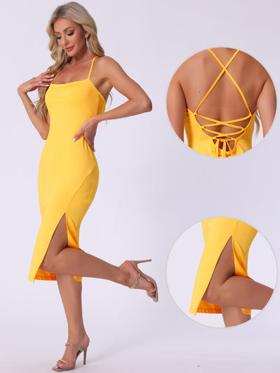 Spaghetti Strap Sleeveless Slit Bodycon Cocktail Midi Dress