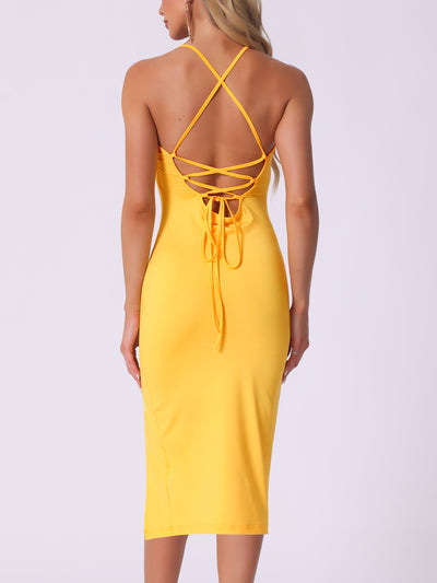 Spaghetti Strap Sleeveless Slit Bodycon Cocktail Midi Dress