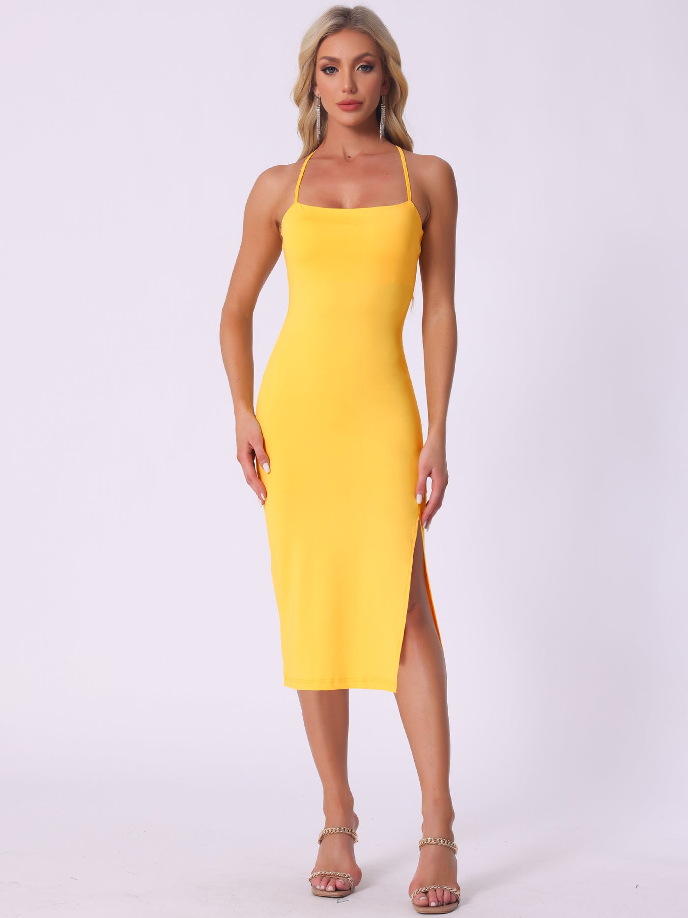 Allegra K Spaghetti Strap Sleeveless Slit Bodycon Cocktail Midi Dress