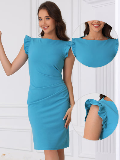 Boat Neck Ruffle Sleeve Ruched Midi Sheath Dress